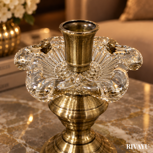 Antique finish pillar candle holder with crystal flower petal crown, vintage luxury home decor