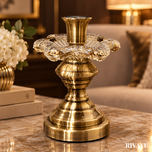 Antique finish pillar candle holder with crystal flower petal crown, vintage luxury home decor