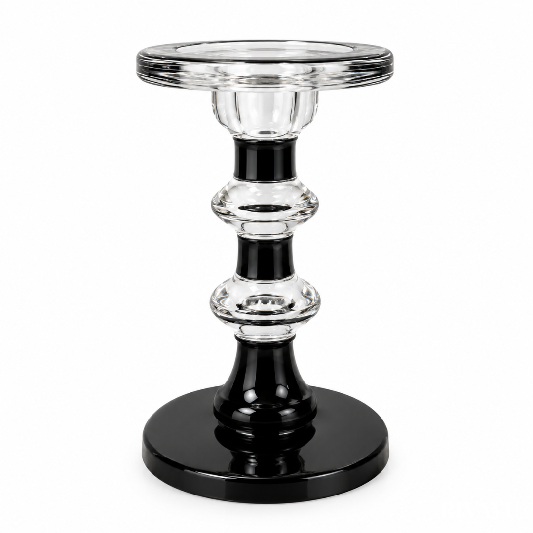 Vanilla scented pillar soy wax candle on blue 
glass candlestick holder, luxury home decor