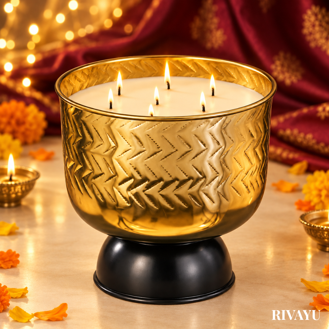 Gold chevron-embossed multi-wick soy wax candle with black pedestal base, luxury home decor
