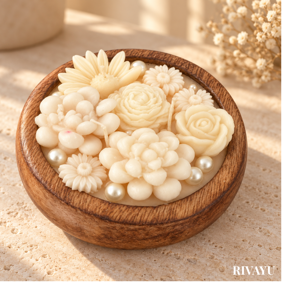 Ivory Bloom Wooden Bowl Floral Candle