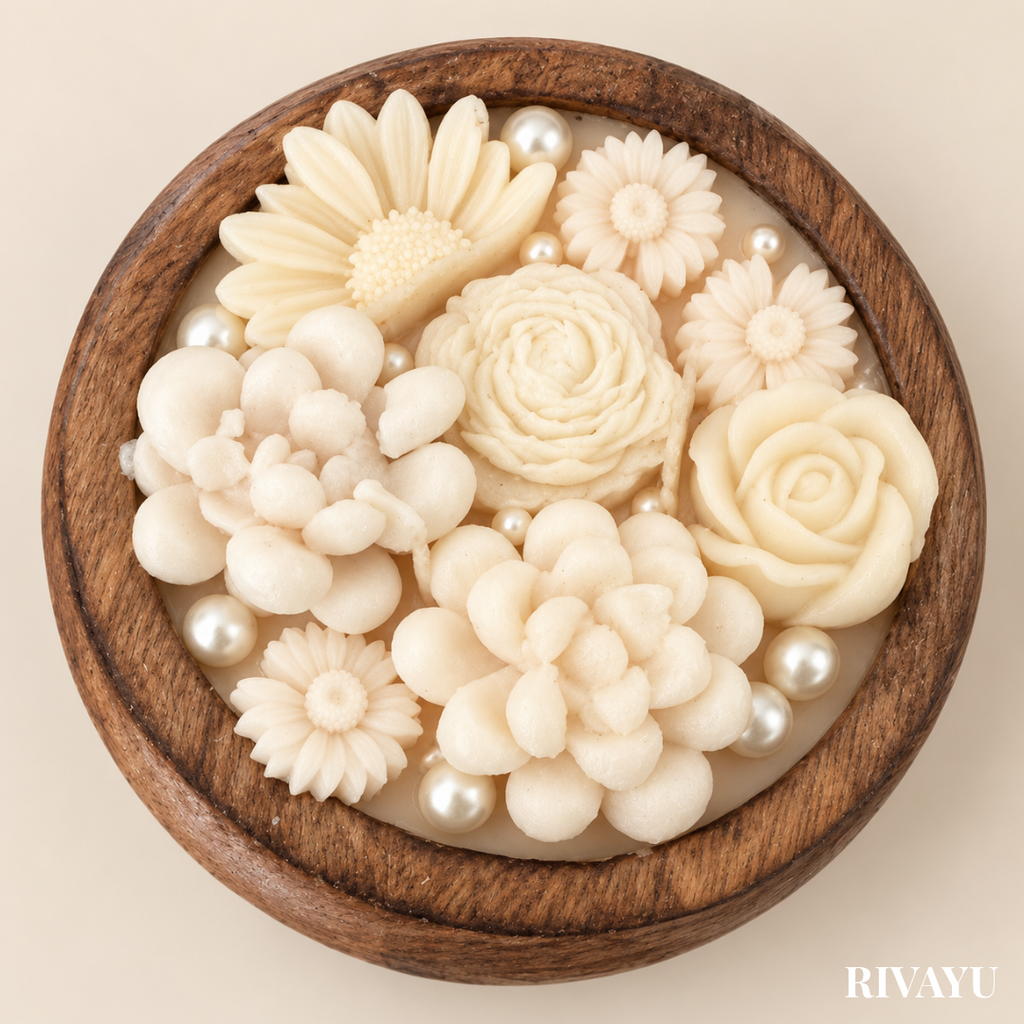 Ivory Bloom Wooden Bowl Floral Candle