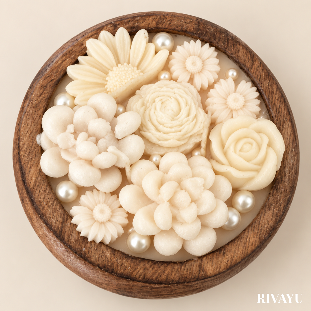 Ivory Bloom Wooden Bowl Floral Candle