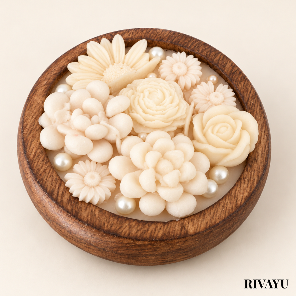 Ivory Bloom Wooden Bowl Floral Candle