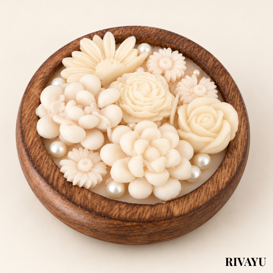 Ivory Bloom Wooden Bowl Floral Candle