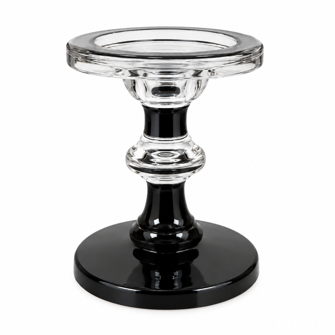 Vanilla scented pillar soy wax candle on black glass candlestick holder, luxury home decor