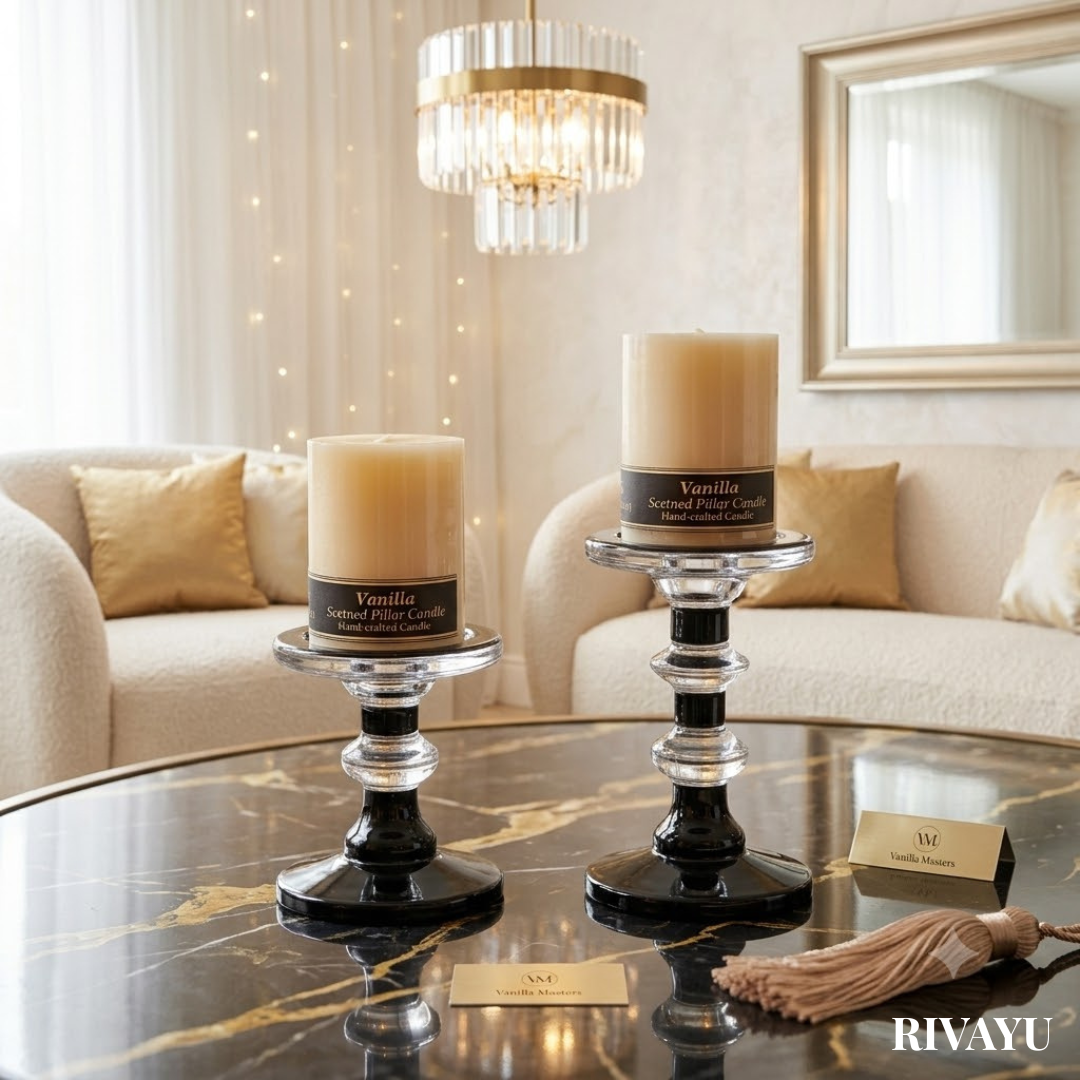 Two vanilla scented pillar candles displayed on black and clear glass candlesticks on a round black marble table in a luxurious living room setting. The candles feature black labels with gold lettering.